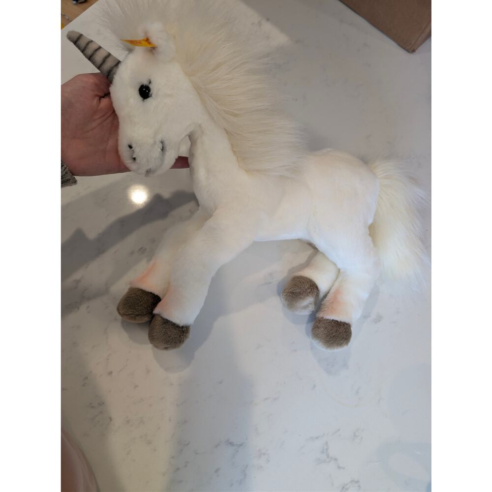 Steiff Starly Unicorn 30cm Plush Mohair Stuffed Animal White KFS Button In Ear